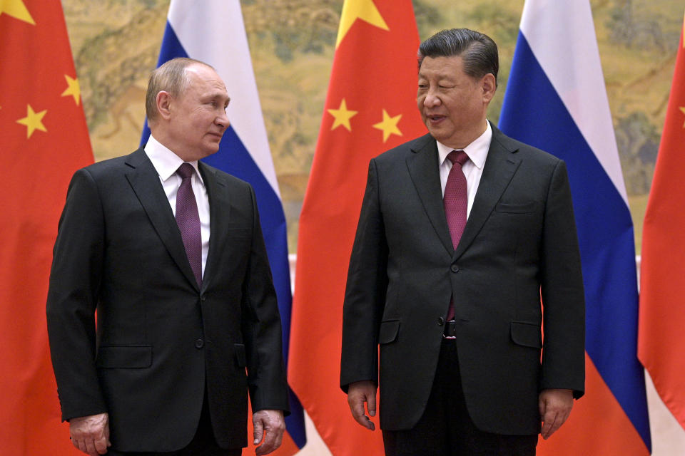 FILE - Chinese President Xi Jinping, right, and Russian President Vladimir Putin talk during their meeting in Beijing, China, Friday, Feb. 4, 2022. With Russia&#x002019;s military failings in Ukraine mounting, no country is paying closer attention than China to how a smaller, outgunned force has badly bloodied what was thought to be one of the world&#x002019;s strongest armies. (Alexei Druzhinin, Sputnik, Kremlin Pool Photo via AP, File)